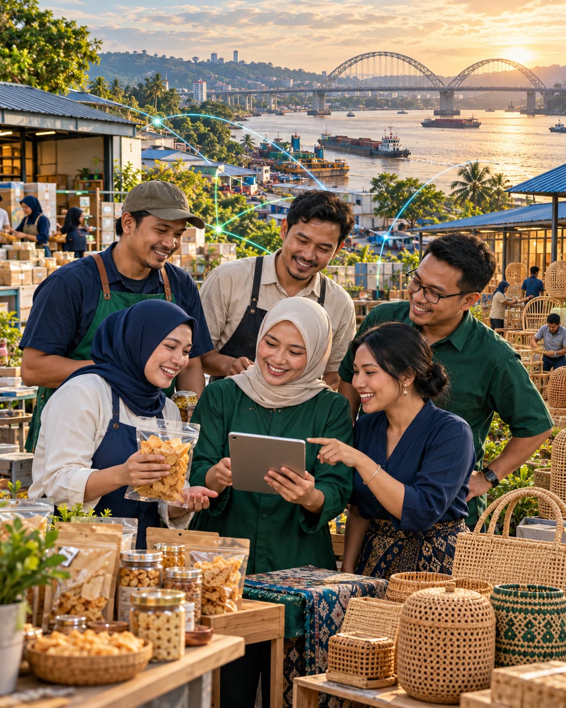 Ilustrasi AI pelaku usaha Kalimantan Timur yang bahagia, berkolaborasi dan saling terhubung.