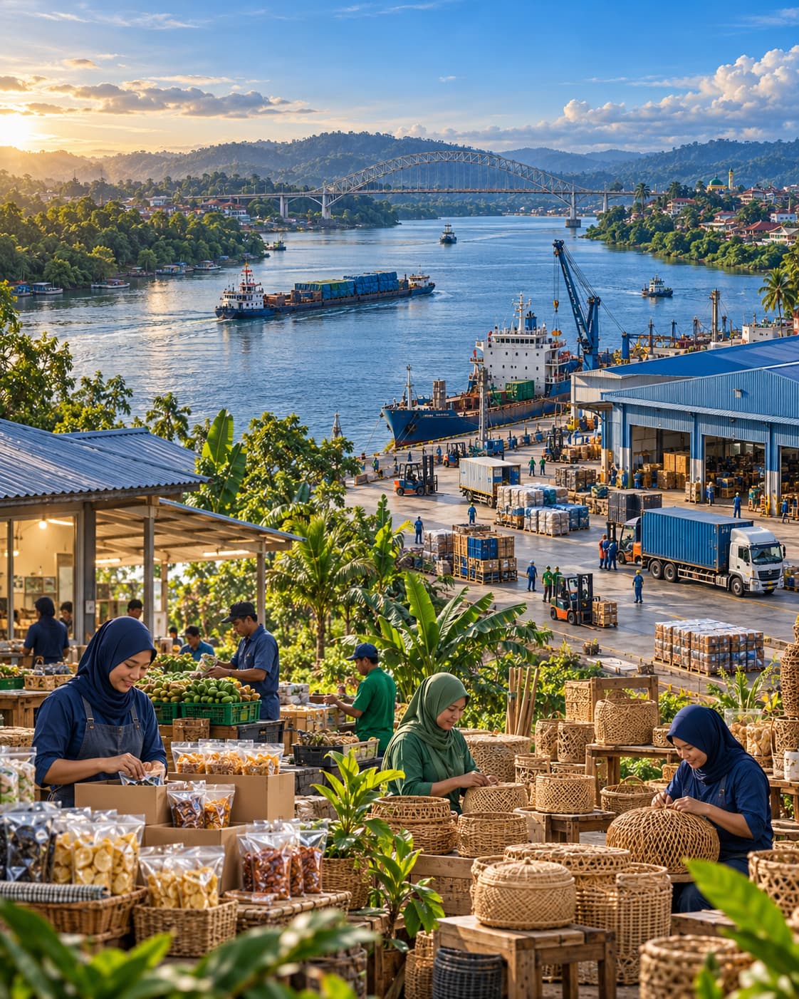 Ilustrasi AI aktivitas usaha, perdagangan, kerajinan dan industri di tepi Sungai Mahakam, Kalimantan Timur.
